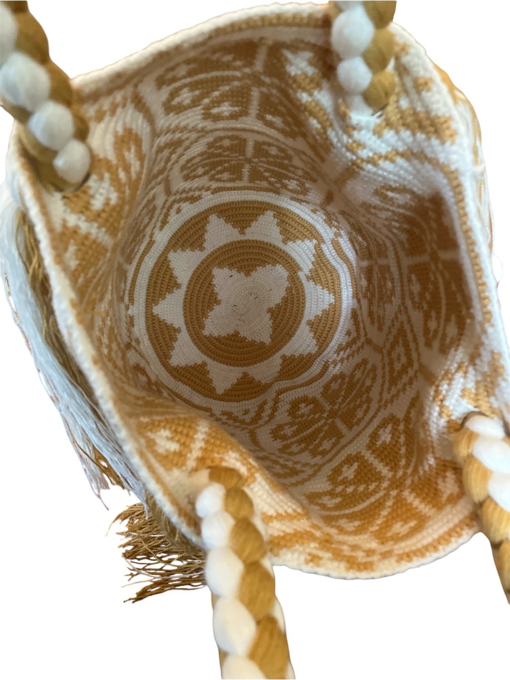 Wayuu Mochila bag Handwoven Tote Bag Cream & Mustard floral & Tassel design. - Picture 8 of 12